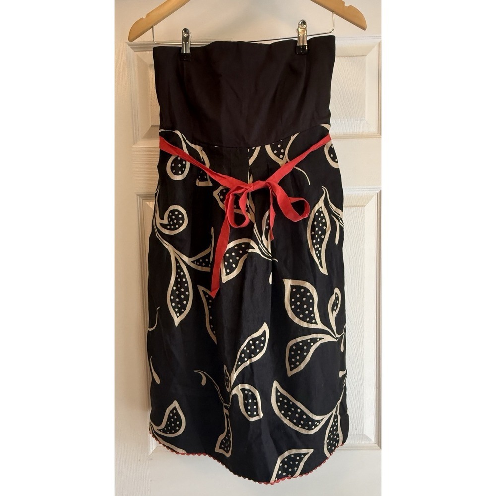Anthropologie maeve Strapless Dress  12 Black Linen Leaf Print Red Ribbon Tie